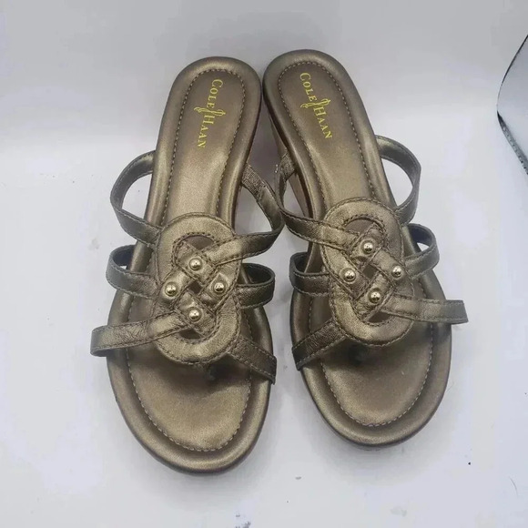 Cole Haan Women's Bronze & Jewel Studded Cork Wedge Sandal, Size 5.5 B D41646 - Picture 2 of 7